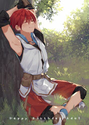 Rule 34 | 1boy, adol christin, against tree, arms up, belt, blush, brown belt, closed eyes, commentary request, crossed ankles, full body, hair between eyes, happy, happy birthday, jewelry, kiruri (mimosayoshi), light particles, male focus, on grass, outdoors, pendant, red shorts, short hair, shorts, sitting, sleeveless, smile, solo, stretching, sunlight, tree, ys