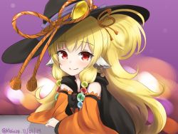 Rule 34 | 1girl, absurdres, animal ears, black hat, blonde hair, blurry, closed mouth, commentary, dated, depth of field, detached sleeves, granblue fantasy, hair ornament, hat, highres, klaius, long hair, long sleeves, looking at viewer, mahira (granblue fantasy), orange ribbon, purple background, red eyes, ribbon, rope, smile, solo, twitter username, wide sleeves, witch hat