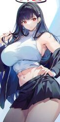 Rule 34 | 1girl, abs, absurdres, bare shoulders, black hair, black jacket, black skirt, blue archive, blush, breasts, bright pupils, closed mouth, hair ornament, halo, hand on own hip, hand up, highres, jacket, large breasts, long hair, looking at viewer, miniskirt, navel, off shoulder, open clothes, open jacket, pleated skirt, re0n, red eyes, rio (blue archive), shirt, skirt, solo, thighs, unzipped, white pupils, white shirt