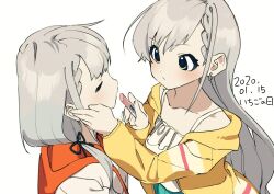 Rule 34 | 2girls, black ribbon, blush, bow, braid, braided bangs, breasts, cleavage, closed eyes, closed mouth, collarbone, cosmetics, dated, earrings, frilled shirt, frills, from side, green skirt, grey hair, hair bow, hair ribbon, hand on another&#039;s face, hands up, hisakawa hayate, hisakawa nagi, holding, holding lipstick tube, hood, hood down, hoodie, idolmaster, idolmaster cinderella girls, idolmaster cinderella girls starlight stage, jacket, jewelry, lipstick tube, long hair, long sleeves, looking at another, medium breasts, multiple girls, open clothes, open jacket, orange hoodie, ribbon, shirt, siblings, simple background, sisters, skirt, sleeveless, sleeveless shirt, small breasts, twins, very long hair, white background, wwwrkgk, yellow eyes, yellow jacket