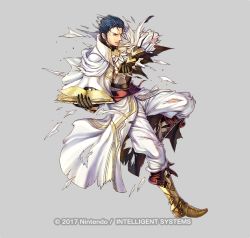 Rule 34 | 1boy, alternate costume, arm up, armor, armored boots, ascot, belt, black hair, book, boots, capelet, closed mouth, electricity, fire emblem, fire emblem: thracia 776, fire emblem heroes, gloves, grey background, holding, holding book, long sleeves, magic, male focus, nintendo, open book, reinhardt (fire emblem), simple background, solo, source request, takaya tomohide, torn clothes