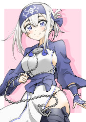 Rule 34 | 10s, 1girl, absurdres, ainu clothes, anchor, bandana, black thighhighs, blue eyes, breasts, chain, cowboy shot, cropped jacket, folded ponytail, headband, highres, kamoi (kancolle), kantai collection, large breasts, long hair, long sleeves, looking at viewer, pelvic curtain, pink background, shadow, sidelocks, simple background, smile, solo, takano yuuya, thick eyebrows, thighhighs, white hair, wrist guards