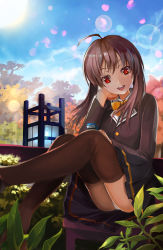 Rule 34 | 1girl, :d, ahoge, beiju, bob cut, bow, bowtie, breasts, brown hair, building, cherry blossoms, cloud, hair between eyes, hand on own face, highres, holding, holding phone, lens flare, long sleeves, looking at viewer, medium breasts, neckerchief, open mouth, original, panties, pantyshot, petals, phone, plant, red eyes, school uniform, short hair, sitting, skirt, sky, smile, solo, sun, teeth, thighhighs, tree, twintails, underwear, yellow bow, yellow neckwear