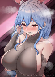 Rule 34 | 1girl, adjusting hair, animal ear fluff, animal ears, arm under breasts, black bodysuit, black sleeves, blue hair, bodysuit, braid, braided ponytail, breasts, collarbone, commentary request, detached sleeves, hashira 14, highres, hololive, huge breasts, long hair, looking at viewer, mature female, multicolored hair, paid reward available, parted lips, pekomama, rabbit-shaped pupils, rabbit ears, rabbit girl, red eyes, short eyebrows, smile, solo, steaming body, symbol-shaped pupils, thick eyebrows, variant set, virtual youtuber, white hair