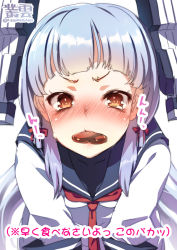 Rule 34 | 10s, 1girl, blunt bangs, blush, candy, chocolate, chocolate heart, commentary request, dress, food, headgear, heart, kantai collection, long hair, looking at viewer, mouth hold, murakumo (kancolle), necktie, nose blush, red necktie, sailor dress, simple background, solo, super zombie, translation request, valentine, very long hair, white background