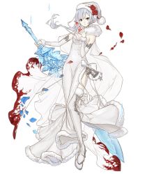 Rule 34 | 1girl, bell, christmas, crystal sword, detached sleeves, dress, flower, full body, fur trim, grey eyes, hat, ice, ji no, looking at viewer, official art, petals, reverse grip, ribbon, rose, santa hat, see-through, side slit, sinoalice, snow white (sinoalice), solo, sword, thighhighs, transparent background, weapon, white hair