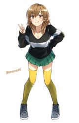 Rule 34 | 1girl, breasts, brown eyes, cleavage, collarbone, commentary request, full body, green skirt, hand on own hip, leaning forward, light brown hair, medium breasts, miniskirt, original, pleated skirt, shoes, skirt, sleeves past wrists, smile, sneakers, solo, somechime (sometime1209), thighhighs, tongue, tongue out, v, zettai ryouiki