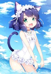 Rule 34 | 1girl, :d, animal ears, bad id, bad pixiv id, bare arms, bare shoulders, bell, blue sky, blush, bow, breasts, cat ears, cat girl, cat tail, cloud, curly hair, cyan (show by rock!!), day, fang, frilled swimsuit, frills, green eyes, hairband, highres, inumine aya, jingle bell, lolita hairband, long hair, looking at viewer, name tag, ocean, one-piece swimsuit, open mouth, outdoors, purple hair, school swimsuit, show by rock!!, sky, small breasts, smile, solo, sparkling eyes, swimsuit, tail, wading, water, white bow, white one-piece swimsuit, white school swimsuit