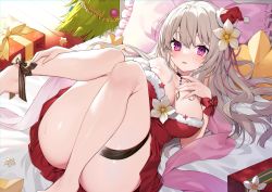 Rule 34 | 1girl, absurdres, anklet, ass, banned artist, barefoot, bed, black choker, breasts, choker, christmas, christmas present, christmas tree, cleavage, commentary request, dress, flower, gift, grey hair, hair between eyes, hair flower, hair ornament, hanakumo rin (vtuber), hat, highres, jewelry, large breasts, long hair, looking at viewer, lying, muryotaro, on bed, open mouth, pillow, propro production, purple eyes, santa dress, santa hat, second-party source, solo, thigh strap, thighs, virtual youtuber, wooden floor