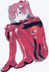 Rule 34 | 1girl, bodysuit, cof6ta7w, full body, highres, knees up, long hair, looking at viewer, multicolored bodysuit, multicolored clothes, neon genesis evangelion, orange hair, plugsuit, red bodysuit, simple background, sitting, solo, souryuu asuka langley, white background