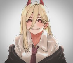 Rule 34 | 1girl, ate5424, black jacket, blonde hair, blush, chainsaw man, collared shirt, hair between eyes, highres, horns, jacket, long hair, necktie, open mouth, power (chainsaw man), red eyes, shirt, smile, solo, teeth, unusual pupils, white background, white shirt