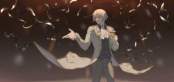 Rule 34 | 1boy, blue eyes, blurry, blurry background, coat, cup, gold trim, hair between eyes, highres, holding, holding cup, jewelry, male focus, parted lips, ring, sdorica, smile, solo, white coat, white hair, zakodemo kakitai