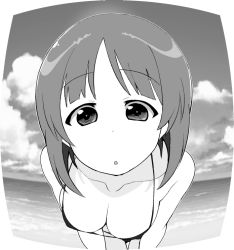 Rule 34 | :o, beach, bikini, bikini shorts, breasts, cleavage, cloud, cloudy sky, commentary, day, foreshortening, girls und panzer, greyscale, henyaan (oreizm), leaning forward, looking at viewer, monochrome, nishizumi miho, ocean, outdoors, short hair, shorts, sky, solo, standing, swimsuit