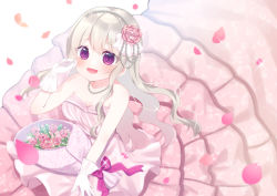 Rule 34 | 1girl, :d, bare shoulders, blush, bouquet, breasts, cleavage, commentary request, dress, flower, gloves, grey hair, hair between eyes, hair flower, hair ornament, hanakumo rin (vtuber), hand up, highres, long hair, looking at viewer, medium breasts, open mouth, petals, pink dress, pink flower, pink rose, propro production, purple eyes, rose, smile, solo, strapless, strapless dress, suzu (minagi), very long hair, virtual youtuber, wedding dress, white background, white gloves