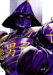 Rule 34 | armor, commentary request, helmet, japanese armor, kabuto (helmet), looking at viewer, mecha, no humans, noisy boy, okayu (okayumainichi), purple armor, real steel, robot, science fiction, signature, solo, upper body, yellow eyes