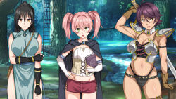 Rule 34 | 3girls, arm up, armor, bikini armor, black hair, book, breasts, bridal gauntlets, cape, carrying, china dress, chinese clothes, cleavage, corset, detached collar, dress, eyebrows hidden by hair, female focus, gloves, grass, green eyes, groin, hand on own arm, hand on own hip, high ponytail, highres, holding, holding sword, holding weapon, large breasts, legs, looking at viewer, mamono no nie 2 ~ishu no ko o haranda boukensha-tachi~, multiple girls, open mouth, original, outdoors, pink hair, purple hair, river, sanroku-maru (unnu), sanrokumaru, short hair, short shorts, shorts, small breasts, smile, standing, sword, thighs, thong, twintails, water, weapon, yellow eyes