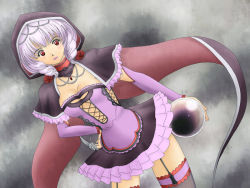Rule 34 | 1girl, breasts, dress, drill hair, female focus, gothic lolita, gradient background, lolita fashion, orb, red eyes, solo, soul calibur, soulcalibur, soulcalibur v, thighhighs, twintails, viola (soulcalibur), white hair