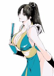 Rule 34 | 1girl, arm guards, black hair, breasts, fatal fury, folding fan, hand fan, highres, large breasts, long hair, osakana e, ponytail, revealing clothes, shiranui mai, solo, white background
