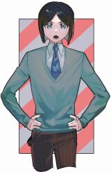 Rule 34 | 1boy, black hair, blue necktie, border, brown pants, collared shirt, cropped legs, fate/zero, fate (series), green sweater, grey eyes, hands on own hips, highres, long sleeves, lower teeth only, male focus, necktie, open mouth, pants, shirt, short hair, solo, sweater, teeth, tokoni fusu, waver velvet, white border, white shirt