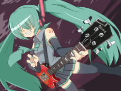 Rule 34 | 1girl, bass guitar, dai (touhou handdrawn), detached sleeves, electric guitar, gazacy (dai), gibson, green hair, grin, guitar, hatsune miku, headphones, instrument, gibson les paul, long hair, necktie, smile, solo, thighhighs, twintails, vocaloid, wide sleeves