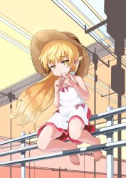 Rule 34 | 1girl, bakemonogatari, barefoot, blonde hair, blush stickers, commentary request, dress, fang, fang out, fingers together, hat, highres, index fingers together, kagarimachi konatsu, long hair, looking at viewer, monogatari (series), oshino shinobu, pointy ears, railing, revision, sitting, smile, solo, straw hat, sun hat, very long hair, yellow eyes