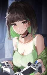 Rule 34 | 1girl, absurdres, black choker, black hair, blush, breasts, brown hair, choker, cleavage, collarbone, colored inner hair, commentary, controller, ear piercing, earrings, english commentary, game controller, green hair, green sweater, green tank top, grin, highres, holding, holding controller, holding game controller, jewelry, large breasts, long hair, looking at viewer, medium hair, mole, mole on breast, mole under eye, multicolored hair, nail polish, original, ormille, piercing, smile, solo, sweater, tank top, teeth, two-tone hair, upper body