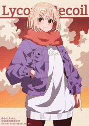 Rule 34 | 1girl, aoi suzu, blonde hair, brown pantyhose, casual, closed mouth, coat, commentary request, cowboy shot, hand in pocket, highres, long sleeves, looking at viewer, lycoris recoil, nishikigi chisato, open clothes, open coat, pantyhose, purple coat, red eyes, red scarf, scarf, short hair, smile, solo, sweater, white sweater, winter clothes
