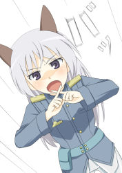 Rule 34 | 00s, 1girl, animal ears, bad id, bad pixiv id, eila ilmatar juutilainen, long hair, muri da na, open mouth, pantyhose, pouch, purple eyes, roas, silver hair, solo, strike witches, white pantyhose, world witches series, x fingers