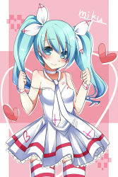 Rule 34 | 1girl, aqua eyes, aqua hair, bad id, bad pixiv id, character name, choker, hair ribbon, hatsune miku, heart, highres, looking at viewer, necktie, ribbon, sei000, skirt, smile, solo, strap slip, striped clothes, striped thighhighs, thighhighs, twintails, vocaloid