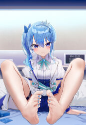 Rule 34 | 1girl, bare legs, barefoot, blue bow, blue eyes, blue nails, blue shorts, blush, bow, breasts, cameltoe, closed mouth, commentary request, condom, condom wrapper, crown, feet, gold trim, hair between eyes, hair bow, highres, hololive, hololive idol uniform (bright), hoshimachi suisei, indoors, jacket, kou futoshi, long hair, looking at viewer, mini crown, miniskirt, nail polish, official alternate costume, on bed, puffy short sleeves, puffy sleeves, shirt, short shorts, short sleeves, shorts, side ponytail, sitting, skirt, small breasts, solo, star (symbol), star in eye, symbol in eye, thigh strap, toes, virtual youtuber, white jacket, white shirt, white skirt