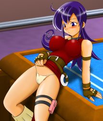 Rule 34 | absurdres, belt, blue eyes, blue hair, blush, breasts, clothes lift, covered erect nipples, duel masters, earrings, fingerless gloves, gloves, highres, impossible clothes, jewelry, large breasts, necklace, panties, purple eyes, purple hair, skirt, skirt lift, solo, tasogare mimi, tsumitani daisuke, underwear