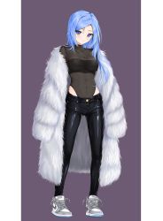 Rule 34 | 1girl, bandeau, black pants, blue eyes, blue hair, breasts, chaesu, coat, commentary, covered navel, full body, fur coat, highleg, highleg leotard, highres, leotard, long hair, long sleeves, looking at viewer, medium breasts, bae minah (chaesu), off shoulder, open clothes, open coat, original, pants, purple background, see-through, shoes, simple background, sneakers, solo, standing, strapless, tube top, white footwear