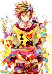 Rule 34 | 1boy, belt, card, crown, groin, hands in pockets, highres, kamiya yuu, looking at viewer, multicolored hair, no game no life, official art, playing card, psychedelic, sora (no game no life), spiked hair, wind, wind lift