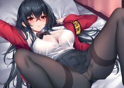 Rule 34 | 1girl, ahoge, armband, azur lane, black hair, blush, breasts, cleavage, collarbone, commentary, crossed bangs, jacket, large breasts, long hair, long sleeves, looking at viewer, lying, nakatama kyou, official alternate costume, on back, pantyhose, pillow, red eyes, red jacket, school uniform, solo, spread legs, taihou (azur lane), taihou (sweet time after school) (azur lane), thighs, yellow armband