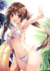 Rule 34 | 1girl, :d, aomi kanon, backlighting, bikini, blush, breasts, brown eyes, brown hair, cleavage, cowboy shot, floating hair, groin, hair ornament, highres, innertube, karory, long hair, looking at viewer, medium breasts, open mouth, original, outstretched arm, sideboob, smile, solo, standing, star (symbol), star hair ornament, swim ring, swimsuit, twintails, underboob, v, very long hair, white background, white bikini