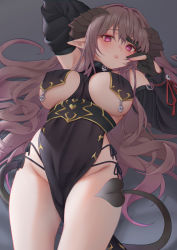 Rule 34 | 1girl, absurdres, arm up, bare shoulders, black dress, black gloves, breast curtains, breasts, brown hair, demon girl, demon horns, demon tail, dress, gloves, gold trim, groin, hand up, highres, horns, large breasts, long hair, looking at viewer, lying, multi-strapped panties, on back, original, panties, parted lips, partially fingerless gloves, pelvic curtain, pink eyes, pointy ears, revealing clothes, side-tie panties, side-tie peek, solo, string panties, tail, thighs, underwear, very long hair, zhaofeng yinyue
