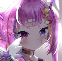 Rule 34 | 1girl, absurdres, ahoge, bandages, bandaid, bandaid on face, blush, blush stickers, commission, heterochromia, highres, idol corp, long hair, looking at viewer, microphone, multicolored hair, pink eyes, portrait, purple eyes, riro ron, shironomi, simple background, star-shaped pupils, star (symbol), sticker on face, symbol-shaped pupils, twintails, virtual youtuber, wings