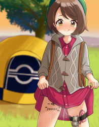 Rule 34 | 1girl, :q, backpack, bag, blurry, blush, bob cut, body writing, brown bag, brown eyes, brown hair, buttons, cable knit, cardigan, chisamitsushi, closed mouth, clothes lift, collared dress, commentary request, condom, condom packet strip, condom wrapper, creatures (company), day, dress, dress lift, eyelashes, game freak, gloria (pokemon), grass, green hat, grey cardigan, hat, hooded cardigan, nintendo, outdoors, pink dress, pokemon, pokemon swsh, raised eyebrows, sex toy, short hair, smile, solo, standing, sweat, tam o&#039; shanter, tent, textless version, tongue, tongue out, tree, vibrator, vibrator cord, vibrator in thigh strap