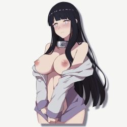 Rule 34 | 1girl, artist request, black hair, blush, breasts, coat, highres, hyuuga hinata, large breasts, long hair, naked coat, naruto, naruto (series), solo, source request, tagme, white eyes