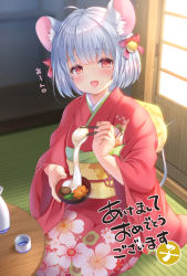 Rule 34 | 1girl, :d, absurdres, ahoge, animal ear fluff, animal ears, bell, blurry, blurry background, blush, bow, bowl, chopsticks, commentary request, depth of field, floral print, food, grey hair, hair bell, hair bow, hair ornament, happy new year, highres, holding, holding bowl, holding chopsticks, indoors, japanese clothes, jingle bell, kimono, looking at viewer, mochi, mouse ears, mouse girl, mouse tail, new year, obi, open mouth, original, pink kimono, print kimono, red bow, red eyes, sash, seiza, short hair, sitting, smile, solo, table, tail, yuyuko (yuyucocco), zouni soup