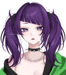 1girl aegyo_sal bare_shoulders blush breasts cleavage collar diagonal_bangs grey_background hazaki_yoshino highres idolmaster idolmaster_shiny_colors jacket jewelry long_hair necklace off_shoulder open_mouth purple_eyes purple_hair simple_background solo spiked_collar spikes tanaka_mamimi