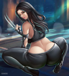 Rule 34 | 1girl, ass, bare shoulders, black hair, boots, breasts, brown eyes, butt crack, claws, fingerless gloves, flowerxl, from behind, gloves, green eyes, huge ass, large breasts, long hair, looking at viewer, looking back, marvel, pants, shiny clothes, shiny skin, sideboob, sitting, smile, solo, wariza, x-23, x-men