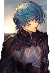 Rule 34 | 1boy, armor, blue eyes, blue hair, byleth (fire emblem), byleth (male) (fire emblem), cape, closed mouth, fire emblem, fire emblem: three houses, grey cape, grey shirt, hungry clicker, looking at viewer, male focus, nintendo, pauldrons, serious, shirt, shoulder armor, solo, upper body