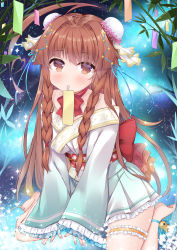 Rule 34 | 10s, 1girl, ahoge, alternate costume, alternate hairstyle, bare shoulders, braid, brown eyes, brown hair, bun cover, commentary request, double bun, highres, kantai collection, ko yu, kuma (kancolle), lolita fashion, long hair, looking at viewer, mouth hold, night, night sky, sitting, sky, solo, star (sky), starry sky, tanabata, twin braids, wa lolita, wariza