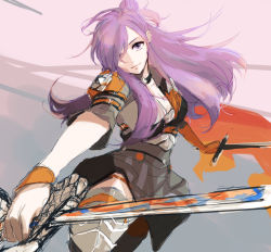 Rule 34 | 1girl, armor, artist request, asymmetrical clothes, breasts, cape, choker, cleavage, closed mouth, fire emblem, fire emblem: three houses, fire emblem warriors: three hopes, gloves, hair bun, hair over one eye, highres, large breasts, long hair, looking at viewer, nintendo, purple eyes, purple hair, shez (female) (fire emblem), shez (fire emblem), simple background, single hair bun, smile, solo, sword, weapon