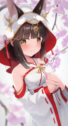 Rule 34 | 1girl, animal ear fluff, animal ears, azur lane, bare shoulders, black hair, blush, breasts, cherry blossoms, closed mouth, commentary, commission, detached sleeves, dress, ears through headwear, extra ears, fox ears, fox girl, hair ornament, highres, hood, hood up, humo, long sleeves, looking at viewer, nagato (azur lane), nagato (great fox&#039;s white gown) (azur lane), official alternate costume, pixiv commission, small breasts, smile, solo, white dress, white sleeves, x hair ornament, yellow eyes