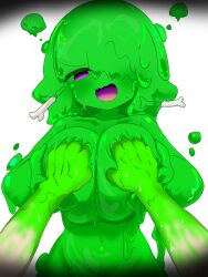 1girl blush bone breasts bubble_slime collarbone colored_skin creature eye_pov grabbing_another&#039;s_breast green_skin groping hair_over_one_eye hands_on_own_breasts highres hikyou_takarasou huge_breasts liquid_hair long_hair looking_at_viewer monster monster_girl nude open_mouth original poisoned pov pov_hands purple_eyes purple_mouth simple_background slime_(creature) slime_(substance) slime_girl solo surprised sweat white_background