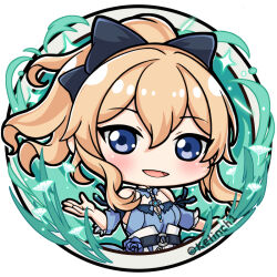 Rule 34 | 1girl, artist name, bare shoulders, belt, black belt, black bow, blonde hair, blue eyes, blue flower, blue rose, blue shirt, border, bow, chibi, detached sleeves, floating hair, flower, genshin impact, hair between eyes, hair bow, hand up, high-waist shorts, jean (genshin impact), jean (sea breeze dandelion) (genshin impact), jewelry, kelinch1, light blush, light particles, long hair, looking at viewer, o-ring, official alternate costume, open mouth, outstretched arm, ponytail, rose, round border, shirt, short sleeves, shorts, sidelocks, sleeveless, sleeveless shirt, sparks, white shorts