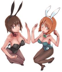 Rule 34 | 2girls, abaratani kurou, animal ears, black footwear, black legwear, black leotard, bow, bowtie, breasts, character name, cleavage, closed mouth, collar, commentary, detached collar, fake animal ears, fake tail, flats, from side, full body, girls und panzer, green footwear, green leotard, green neckwear, high heels, highres, large breasts, legs, leotard, light smile, looking at viewer, medium breasts, multiple girls, name tag, nishizumi maho, nishizumi miho, open mouth, pantyhose, playboy bunny, rabbit ears, rabbit tail, red collar, short hair, siblings, simple background, sisters, smile, standing, standing on one leg, strapless, strapless leotard, symmetrical hand pose, tail, white background, white collar, wing collar