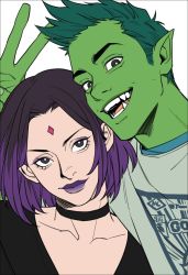 Rule 34 | 1boy, 1girl, alternate costume, alternate hair length, alternate hairstyle, beast boy (dc), black choker, black hair, black shirt, choker, collarbone, colored skin, commentary request, dc comics, green hair, green skin, grey background, grey shirt, hand up, looking at viewer, multicolored hair, mush820823, pointy ears, purple hair, raven (dc), shirt, simple background, teen titans, tusks, two-tone hair, v